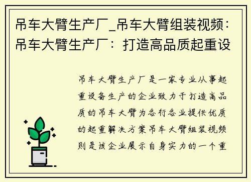 吊车大臂生产厂_吊车大臂组装视频：吊车大臂生产厂：打造高品质起重设备
