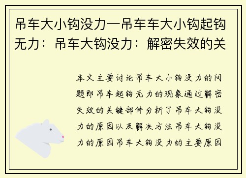 吊车大小钩没力—吊车车大小钩起钩无力：吊车大钩没力：解密失效的关键部件