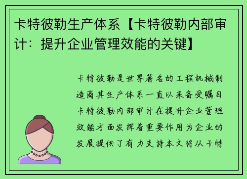 卡特彼勒生产体系【卡特彼勒内部审计：提升企业管理效能的关键】