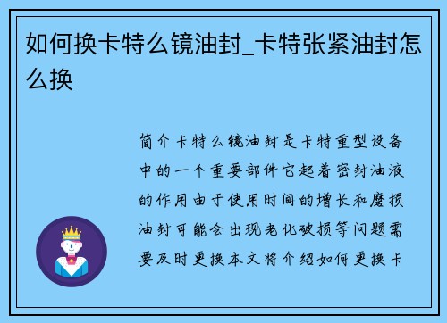 如何换卡特么镜油封_卡特张紧油封怎么换