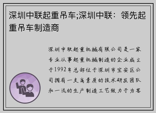 深圳中联起重吊车;深圳中联:领先起重吊车制造商